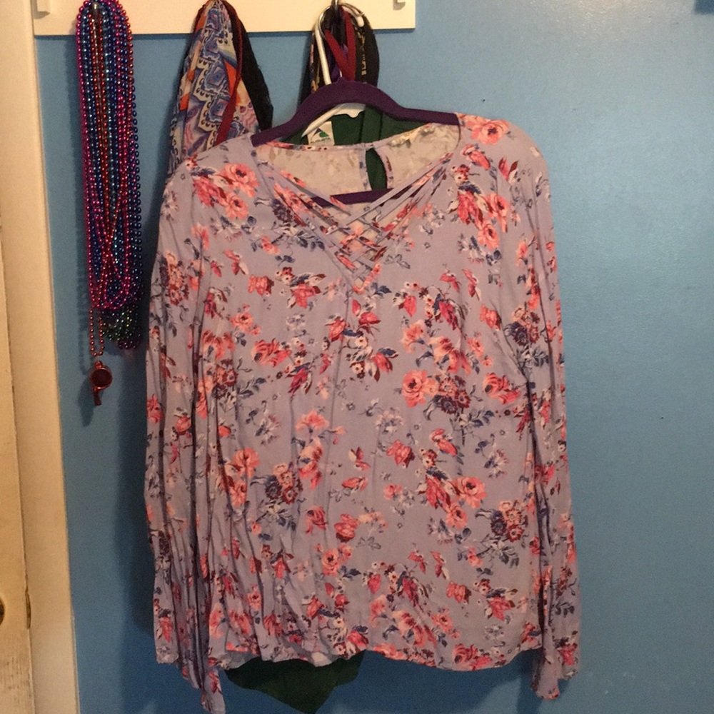 Blue and pink floral shirt- BELL SLEEVED